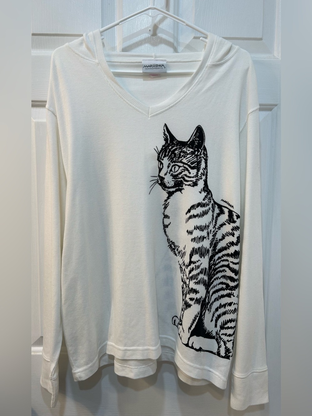 Marushka Cat Tails Handprinted Waffle Knit Hooded Long Sleeve Size XL Cat Lady